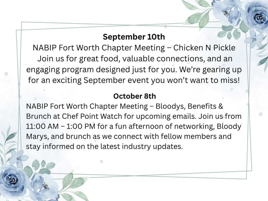 Flyer announcing NABIP Fort Worth Chapter meetings: Sept. 10 'Chicken N Pickle' and Oct. 8 'Bloody Marys & Brunch' with details.
