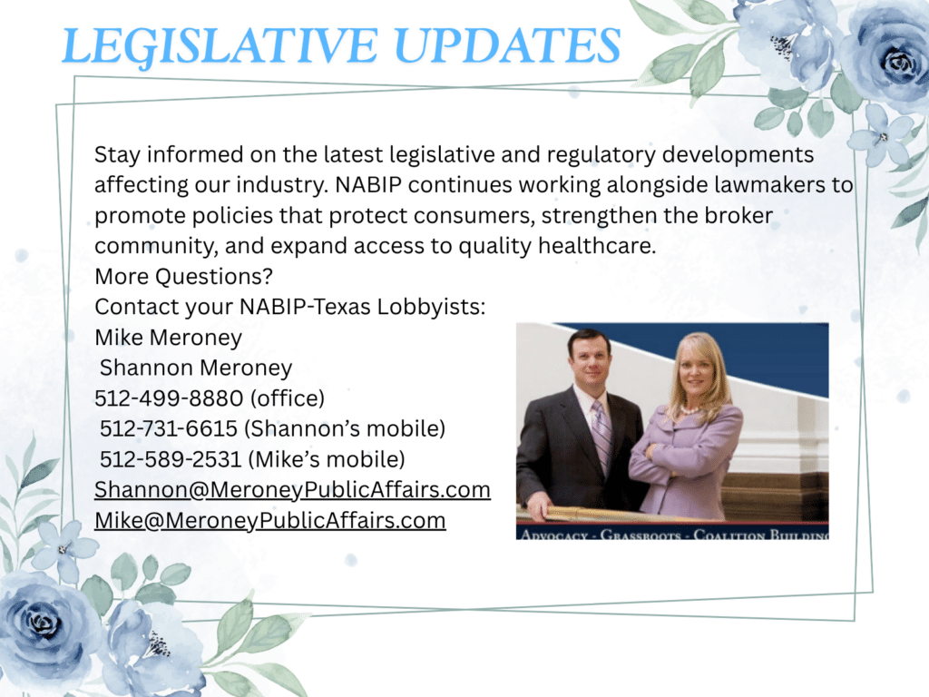 Newsletter header 'LEGISLATIVE UPDATES' with blue floral border; body text explains NABIP Texas lobbying updates and contact info for Mike and Shannon Meroney (phones and emails); small photo of two professionals.