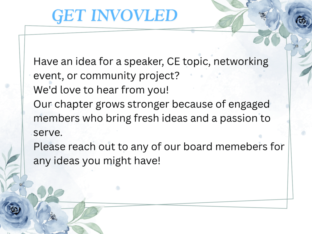 Floral border banner encouraging readers to get involved and share ideas for speakers, events, or community projects; prominent 'GET INVOLVED' title at top.