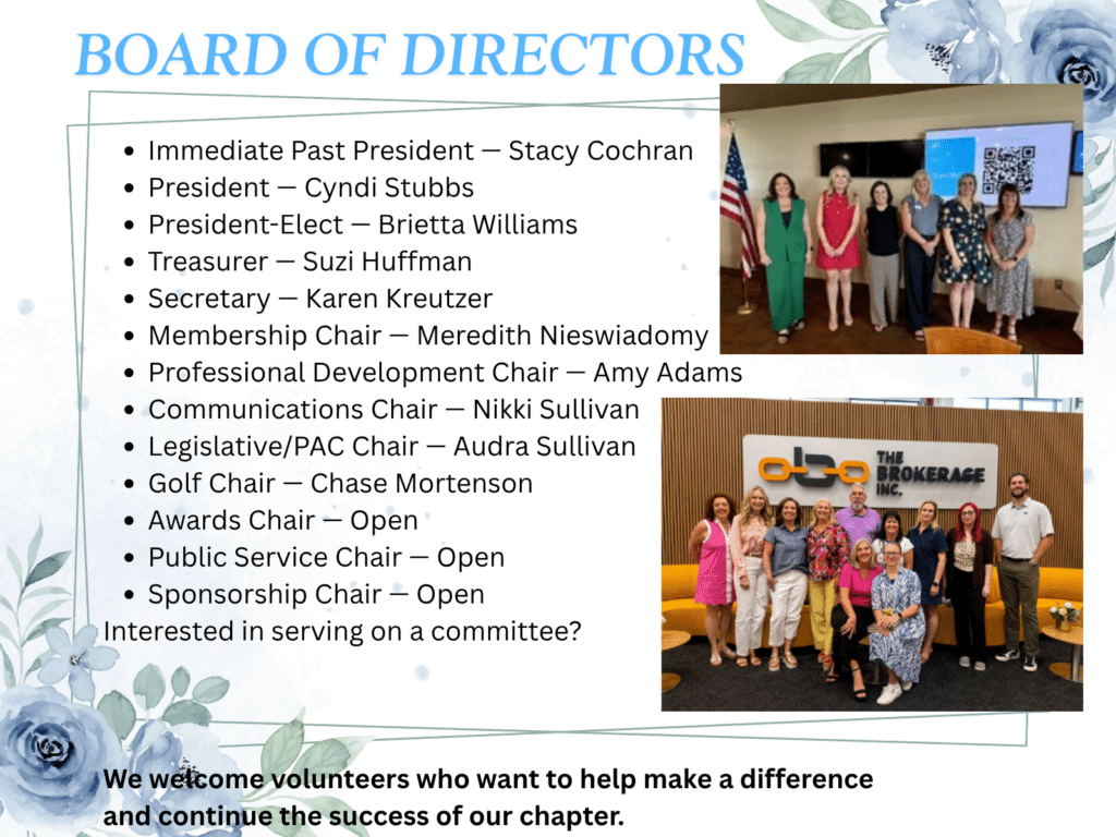 Slide titled Board of Directors with a bullet list of officer roles and two group photos of members against a floral background.