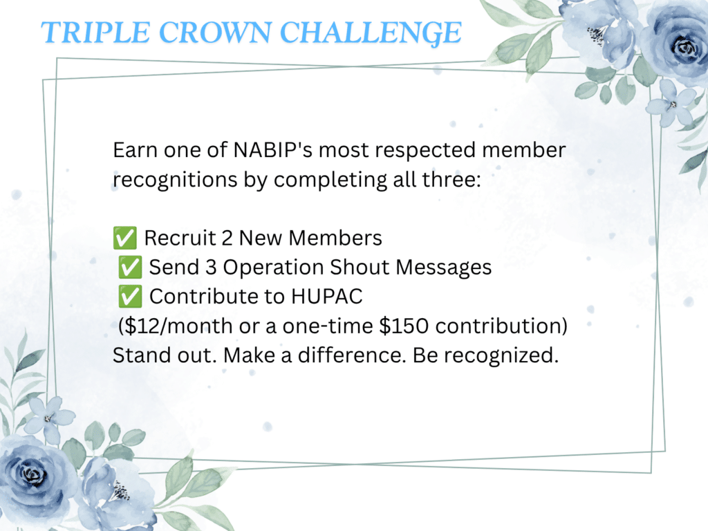 Slide header 'TRIPLE CROWN CHALLENGE' with blue floral border; announces NABIP recognition for completing three steps.