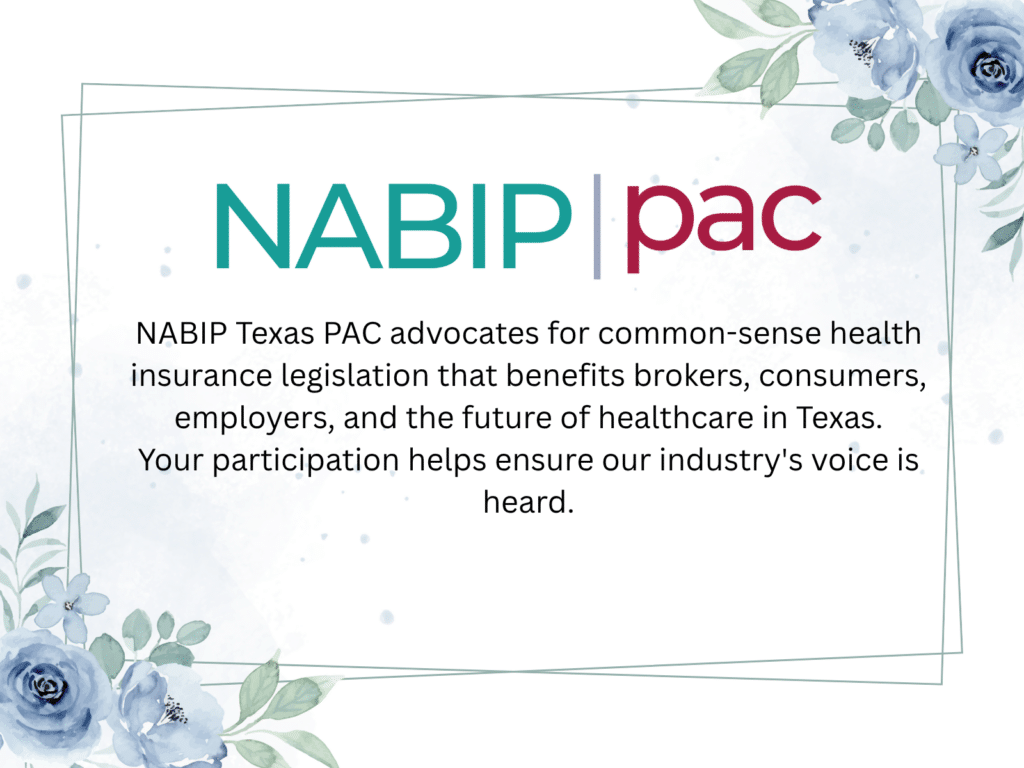NABIP | pac logo with a blue floral border and text about NABIP Texas PAC advocating for health insurance legislation.