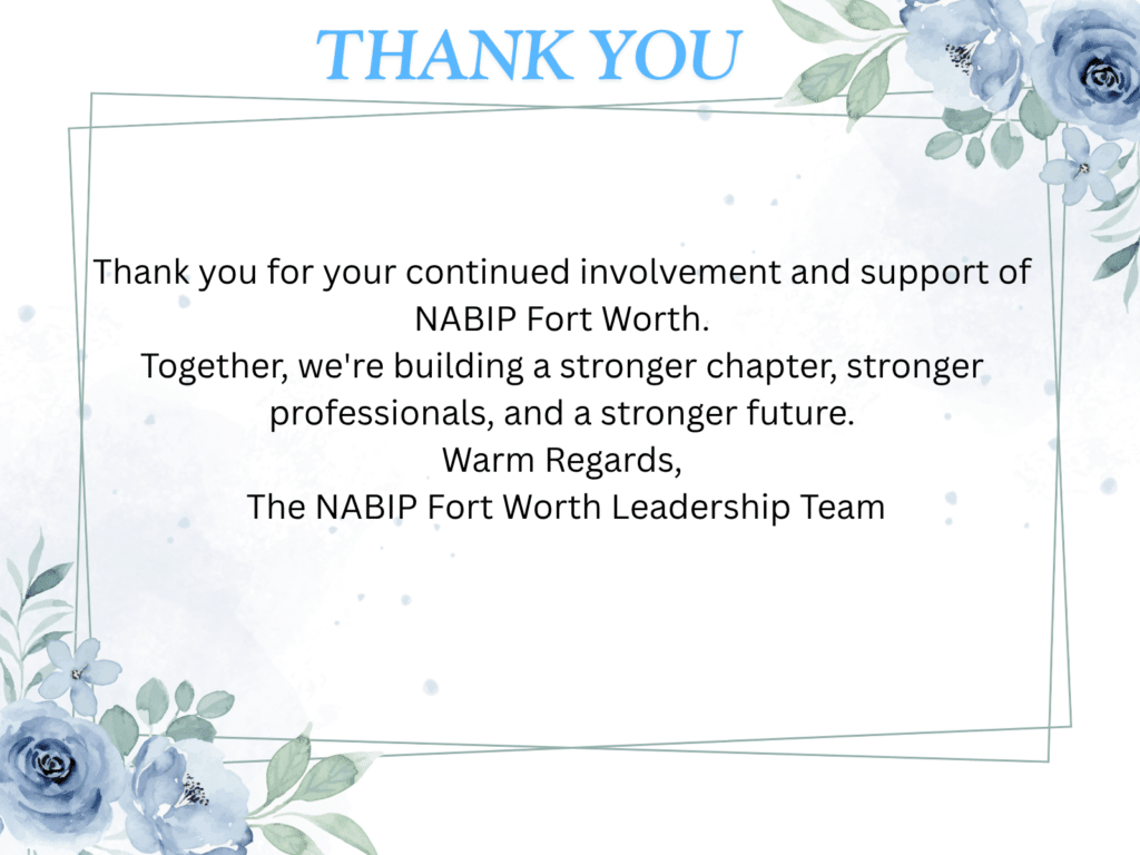 Thank you card with blue watercolor flowers and a NABIP Fort Worth Leadership Team message of appreciation.