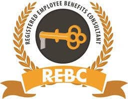 Circular badge with gold laurel wreath, black center key, and orange REBC ribbon—stands for Registered Employee Benefits Consultant.