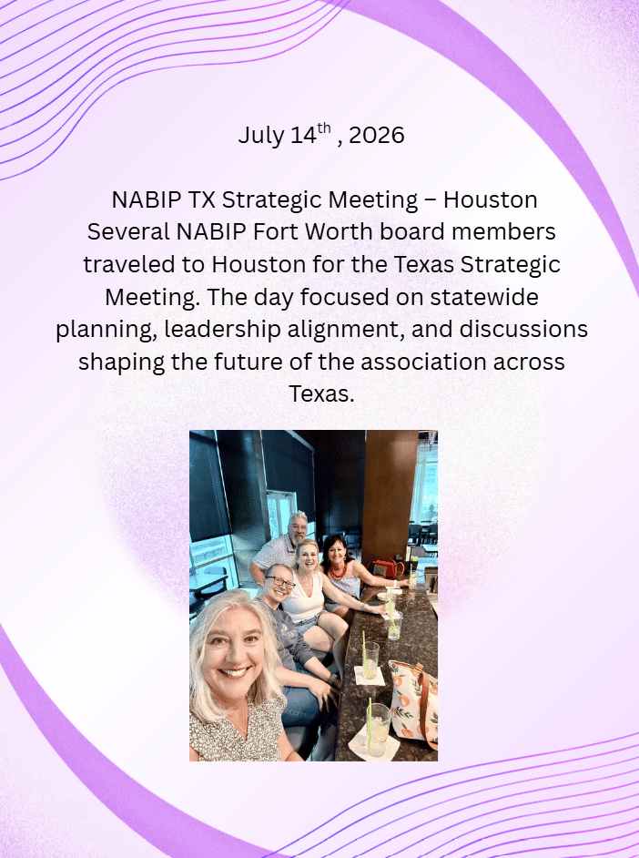 Smiling group of six people posing for a photo at a restaurant during the NABIP TX Strategic Meeting in Houston.