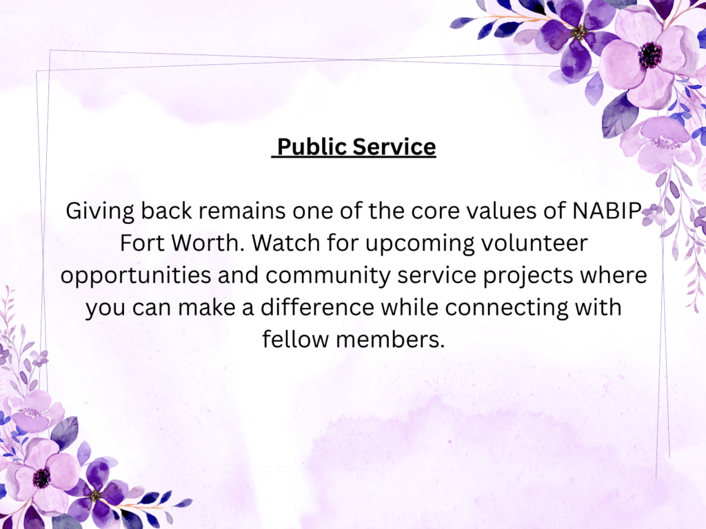 Public Service slide: title 'Public Service' with summary about NABIP Fort Worth volunteer opportunities and community service projects, purple floral border.