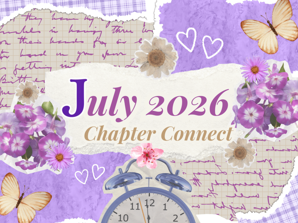 Banner announcing July 2026 Chapter Connect with purple flowers and a clock motif in a collage style