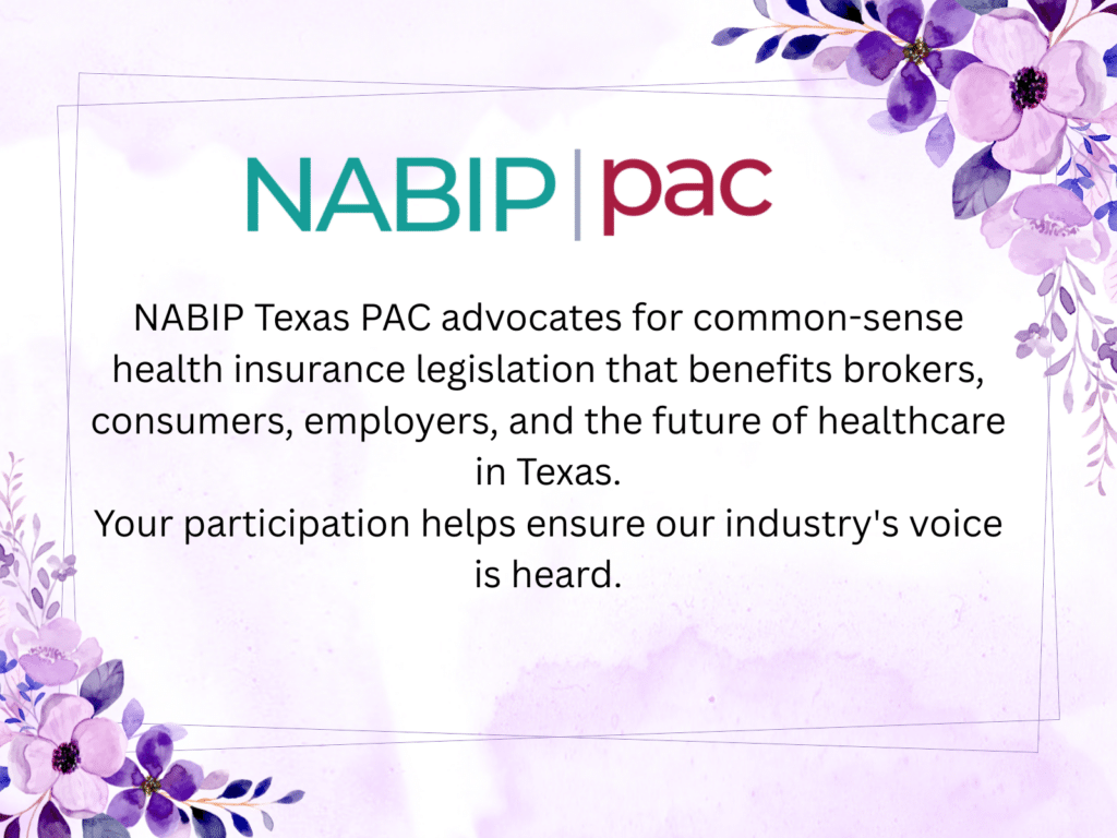NABIP Texas PAC advocacy banner with purple floral border, describing support for common-sense health insurance legislation in Texas for brokers, consumers, and employers.