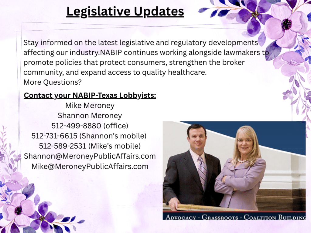 Legislative Updates slide with a purple floral border; provides NABIP-Texas lobbying updates and contact details for Mike and Shannon Meroney, including phone numbers and emails; a photo of two professionals is in the bottom-right.