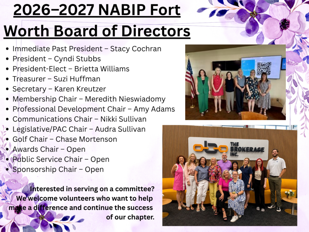 Slide showing 2026–2027 NABIP Fort Worth Board of Directors with bulleted officers and two group photos on the right; decorative purple floral border visible.