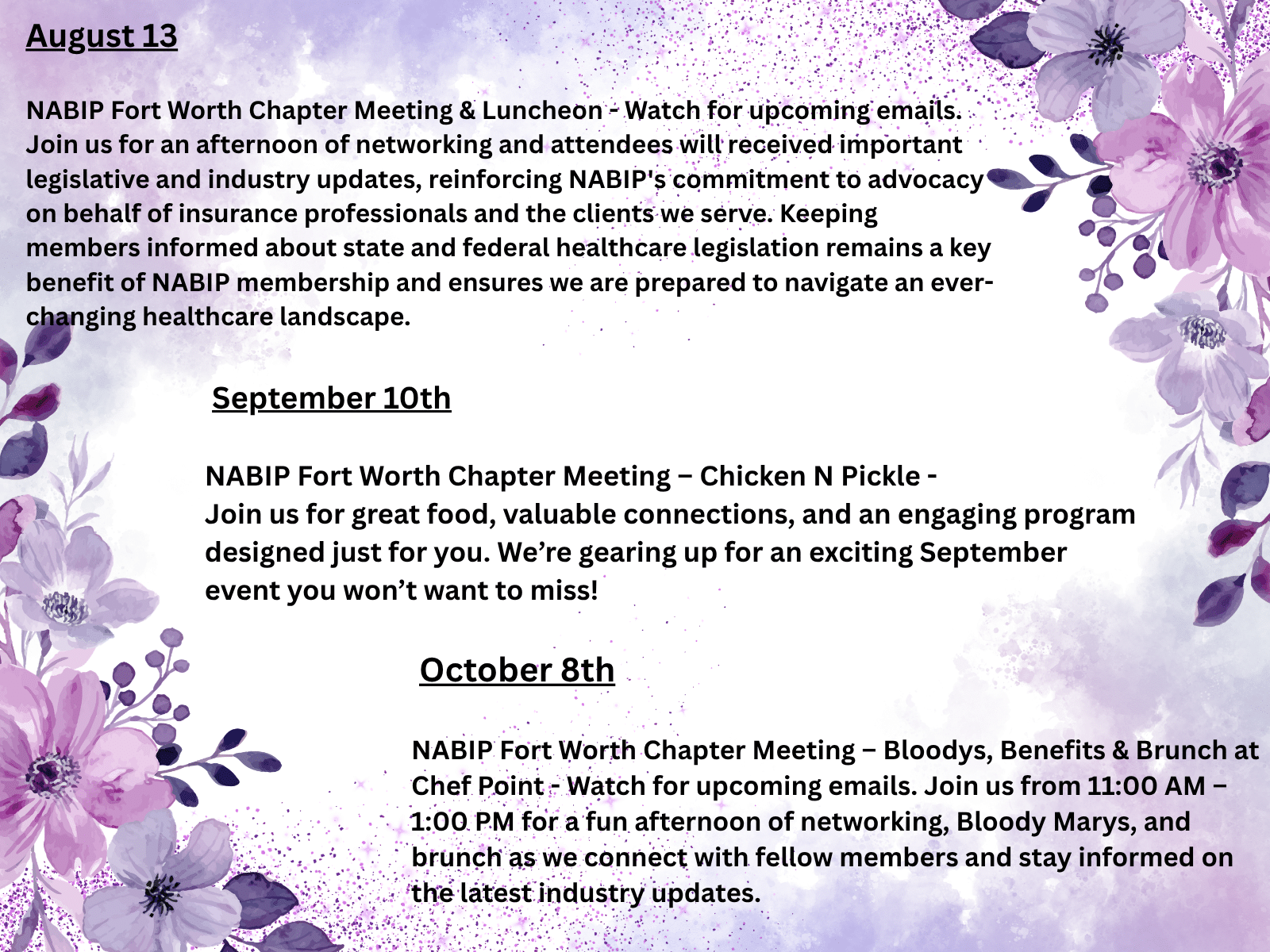 Floral purple border newsletter header for NABIP Fort Worth Chapter events, August 13 and September 10 dates.