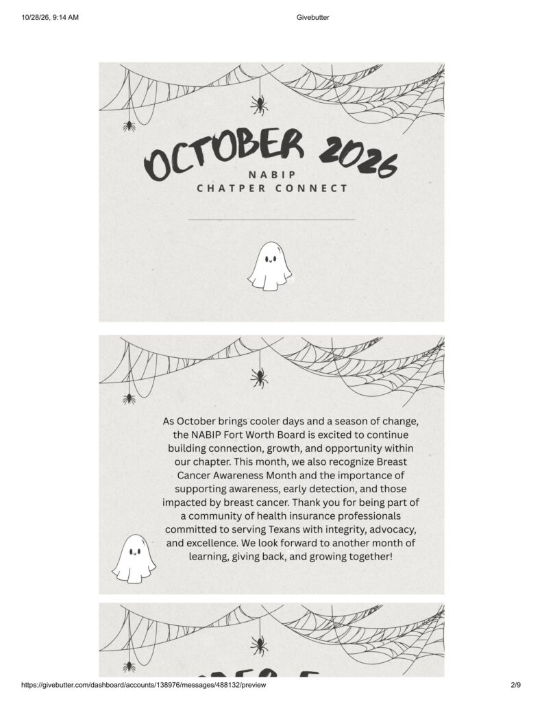 Halloween-themed header with spider webs, a small ghost below the title'October 2026' for NABIP Chapter Connect setup.