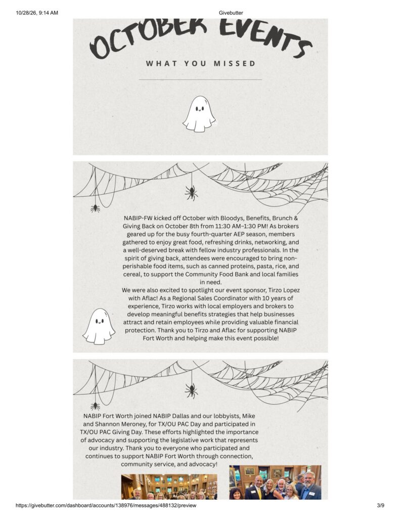 Newsletter page about October events with a cute ghost illustration and spider webs, plus text recap and photos of attendees at the bottom