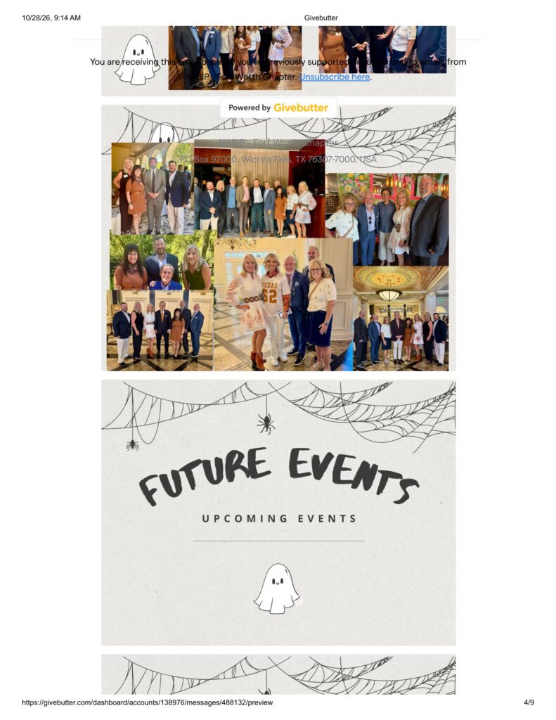 Collage of group photos from a Givebutter event with people posing together, plus a graphic page showing upcoming events and a ghost logo in a spider-web themed background