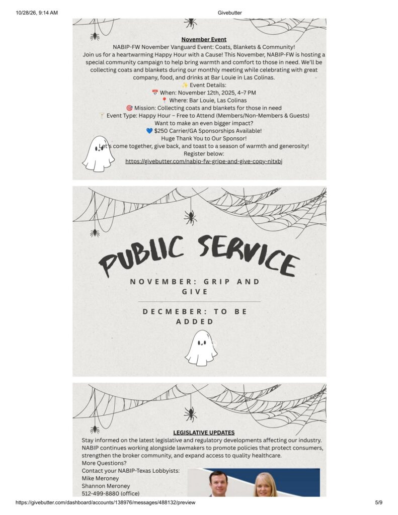 November Event flyer with a ghost illustration and spiderweb borders, detailing date, location, and donations