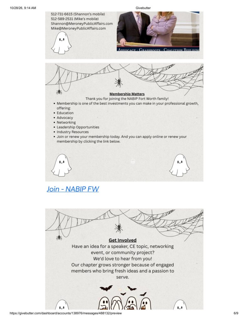 Informational banner: a ghost illustration on the left and a photo of two professionals in suits on the right, with contact emails shown above, set against a light textured background.