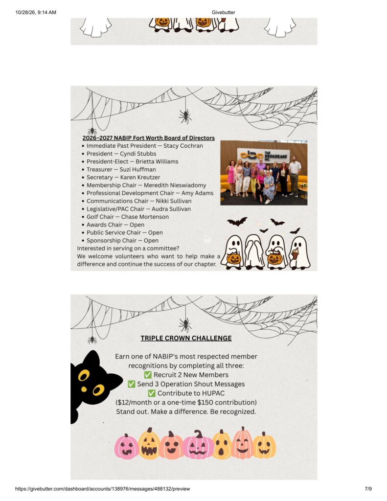 Halloween-themed page showing the 2026–2027 NABIP Fort Worth Board of Directors list with a group photo and spooky spider-web decorations, pumpkins in the corner.