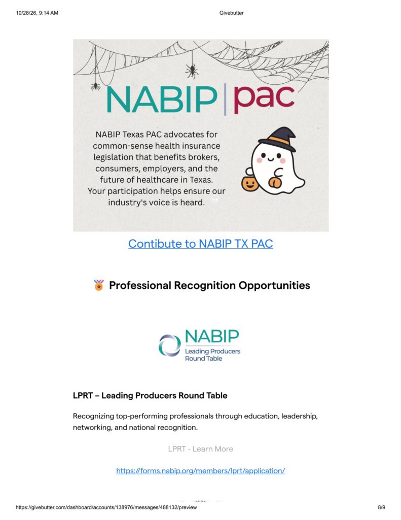 NABIP | pac banner with spiderweb decor and a cartoon ghost on the right, introducing NABIP Texas PAC and its advocacy for health-insurance legislation.