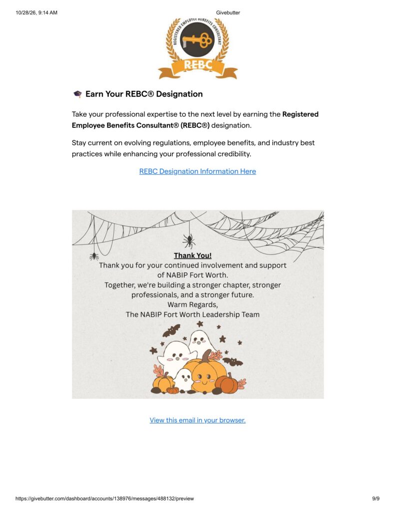 Promotional email about earning the REBC designation with logo and Halloween-themed message and a link for more info.