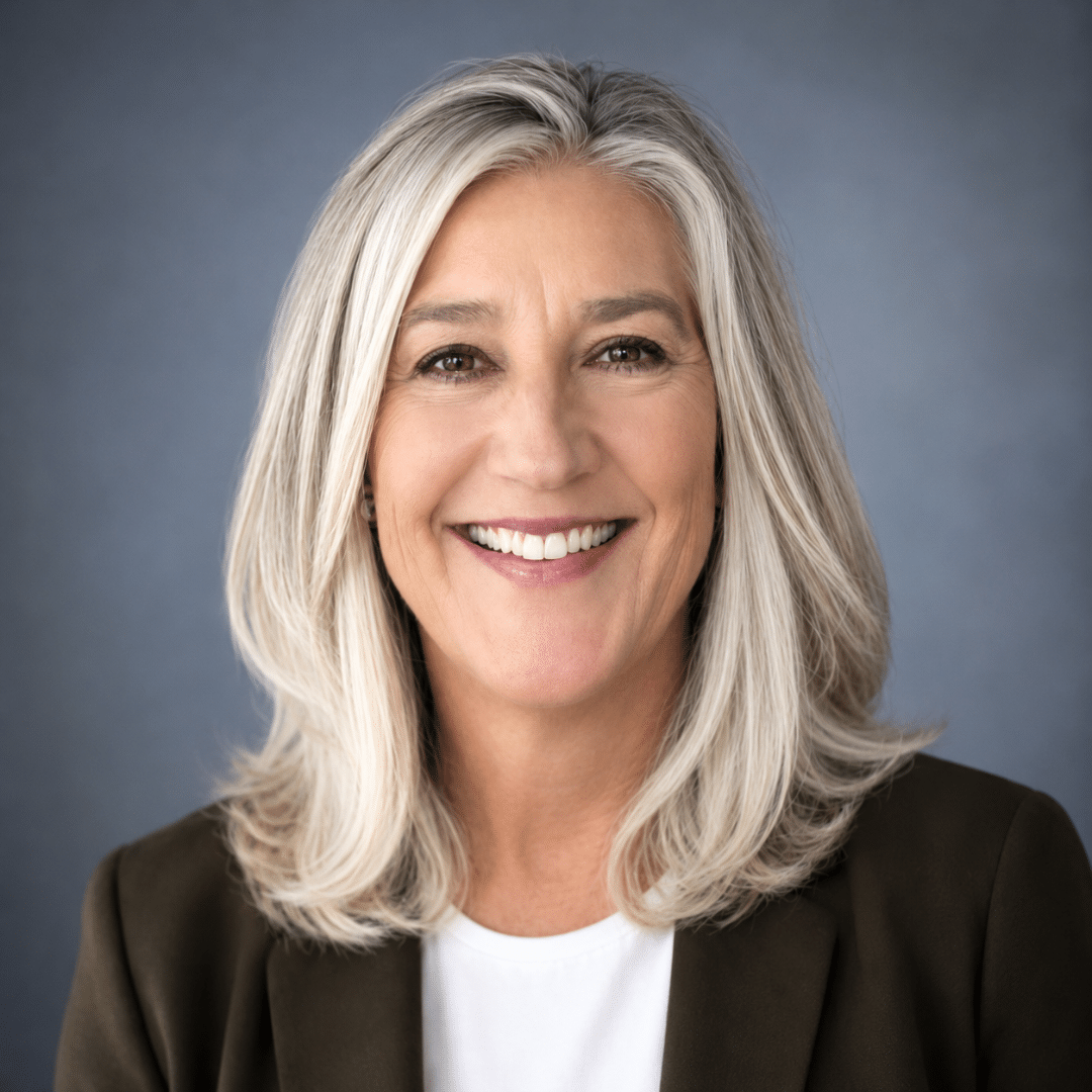 Professional headshot of a smiling gray-haired woman in a dark blazer and white blouse against a blue background.